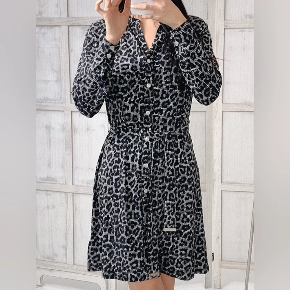 Michael Kors Black and Gray Leopard Print Slinky Mini-Dress
